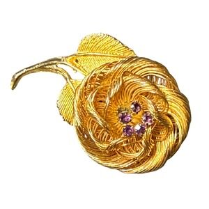 Vintage Gold Tone Flower Brooch Pin Purple Rhinestones Floral‎ Jewelry